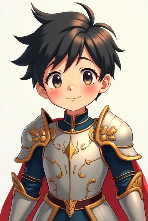 Japanese animation style cute boy. He has black hair and is smiling brightly. He is very nice and gentle. He is wearing armor