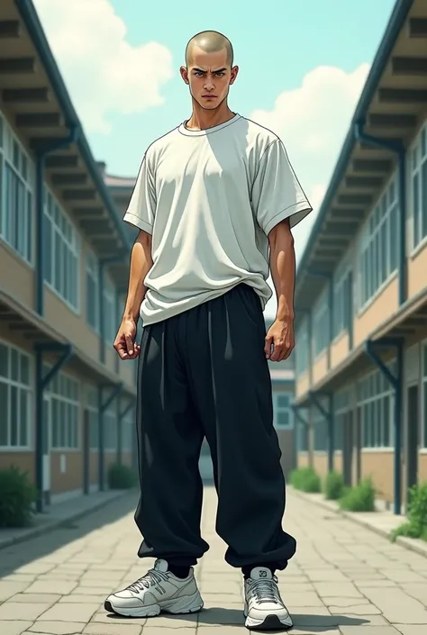 Japanese man, 20 years old, has a shaved head,Having a fierce face,Wearing a white oversized t-shirt,Wearing black oversized formal pants,Wearing white sports shoes,Front look Camera zoom from bottom to top,The background Typical Japanese high school schoo...