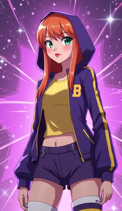 (Close up), (Close up from top of head to bottom of thigh) ((Barbara from DC Super Hero Girls 2019)), Barbara is a tall, slim and fair-skinned teenager with rosy cheeks, bright-emerald eyes and long, hot-orange hair with a brighter-colored ombre on the bot...