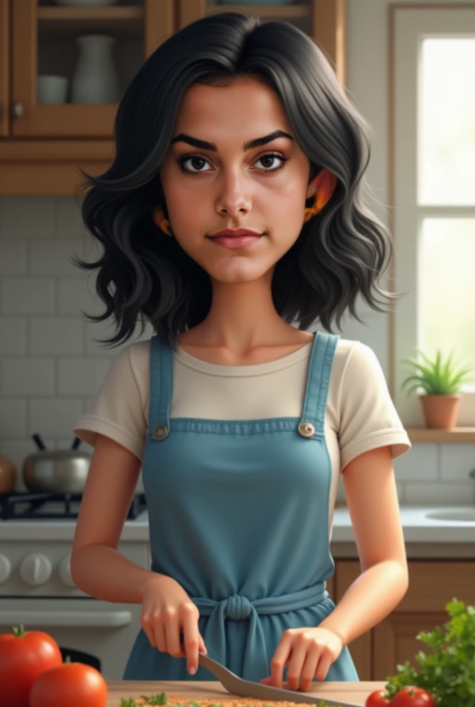   Realistic human photo, Fika is a young woman with medium body,  shoulder length  wavy  black hair and fair skin. She has well-defined eyebrows, large black eyes,  . Wearing plain  blue  homedress., seltanding and cooking at the kitccen . Real human photo...