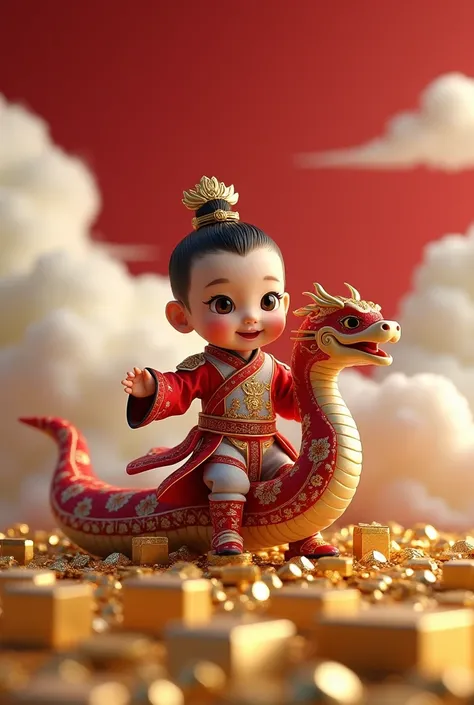 Little  God, Boys, Smiling Face , wearing a Chinese warrior costume,Red White Dress ,Riding a snake , snake wearing warrior outfit , with a golden russ on the back, gold cube mobile , on a pile of gold , with clouds rolling in waves ,Red background , unbri...