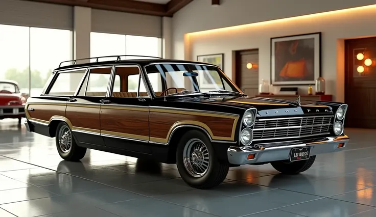 Here is the image of the 1967 Ford Country Squire in a retro showroom setting. Let me know if youd like any adjustments or additional details!The car shining Black