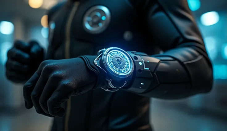 "Close-up Chrono Device di pergelangan tangan Arion  yang kembali menyala,  features digital symbols revolving around him . Arion ,  A young man with short dark hair ,  wearing a slim tight black futuristic uniform ,  decorated with faint glowing accents a...