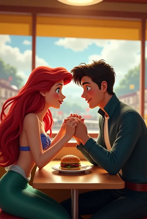 Ariel the Little Mermaid in human form eats together with Prince Eric at McDonalds