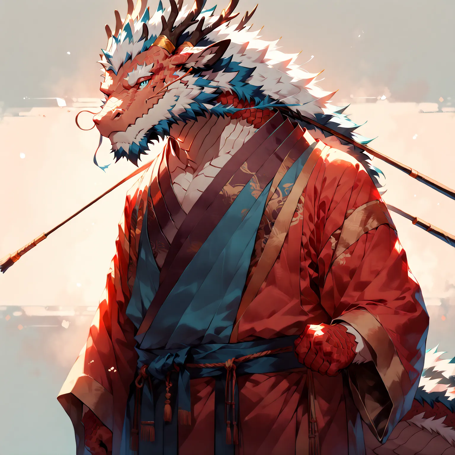 # main character: (eastern dragon furry:1.8), muscular mature male, masterpiece, (full body portrait:1.4), (chest-up shot:1.4), ...