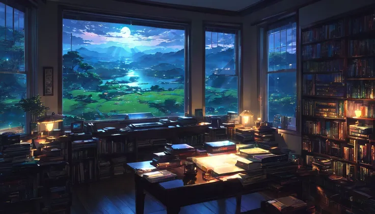 cozy, gaming room, book, macbook, notebook, study, work room, night, window, Shadow, mysterious, beautiful, Contrast, dynamic, nature,beautiful Anime Scenery, Landscape painting, Beautiful digital painting, Andreas Rocha, illustration of a beautiful artwor...