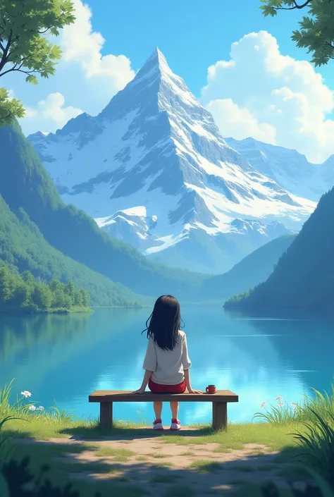 Girl sitting on bench side of blue lake mountains are looking in back side