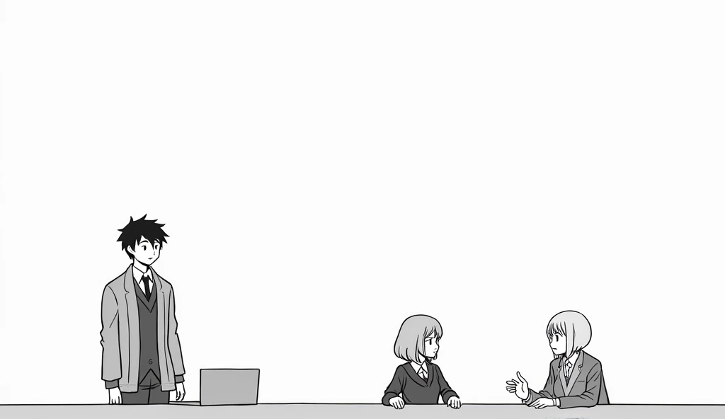 This is a Japanese-style 2D illustration. .  Three students dressed at the same school who appear to be high school students are sitting at a table.  The student on the left is a boy, a tall young boy, and is sitting looking ahead .  The other student in t...