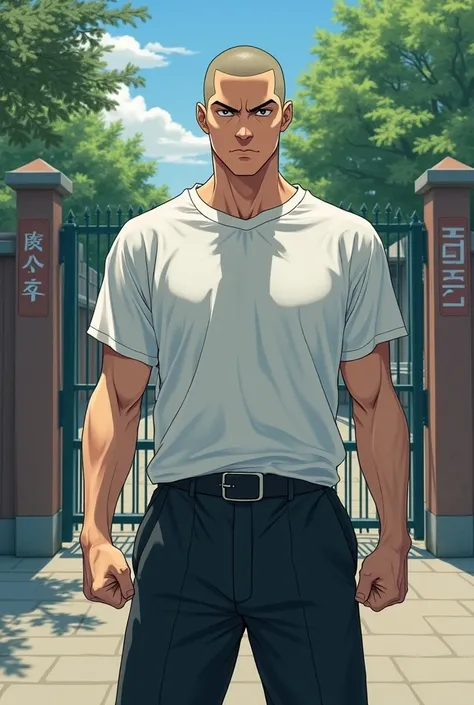 Japanese man, 20 years old, has a shaved head,Having a fierce face,Wearing a white oversized t-shirt,Wearing black oversized formal pants,Wearing white sports shoes,Front look Camera zoom from bottom to top,The background In the typical gate of a Japanese ...