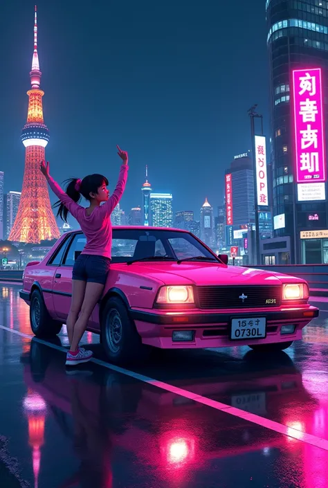 Create a vibrant, Japanese-inspired cover for a Spotify playlist. The design should feature shades of green similar to the Spotify logo. The scene is set in Tokyo at night, during the early hours of the morning. A Japanese girl in anime style is striking a...