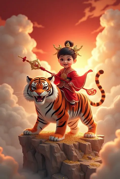 Little  God, Boys, Smiling Face , wearing a Chinese warrior costume,Red White Dress ,Tiger Ride, Tiger Wearing Warrior Costume, with a golden russ on the back,Mobile three-pronged weapon, on a pile of gold , with clouds rolling in waves ,Red background , u...