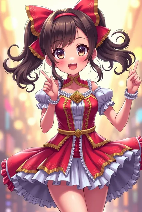 Japanese animation style cute female character. She has proper hair length and is wearing an idol costume. Her eyes are very bright and full of confidence. Her whole body is out there.