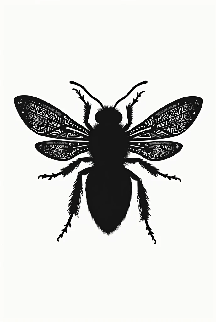 SILHOUETTE OF A BEE WITH MAYAN FIGURES ON BOTH WINGS, head, abdomen 