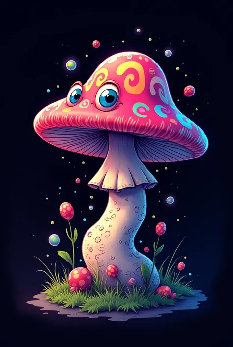 Psychedelic Magic Mushroom in cartoon format, with black background. 