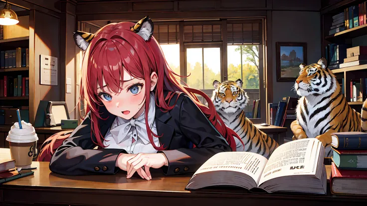 embarrassed woman having big tits, tiger with a clear and detailed face, animal, doll, one room, warm, studying, books, coffee