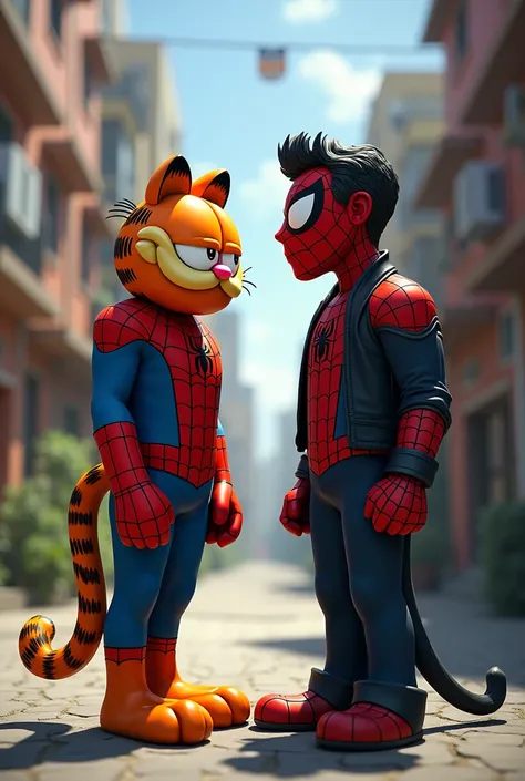 Spiderman and Garfield side by side while on the other side of the image is another different Spiderman with a friend who is in a drug conflict 
