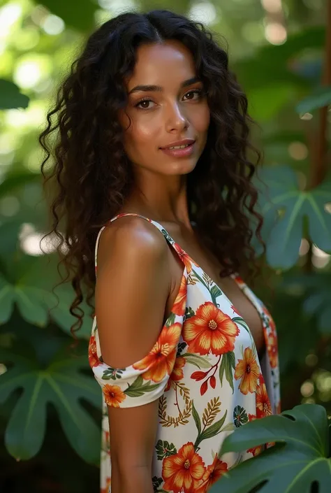  A Brazilian woman in a lush tropical garden, wearing an open shirt with a floral print,  with a close up capturing the harmonious beauty between her breasts and natural flowers,  showing her natural charm and outgoing personality.