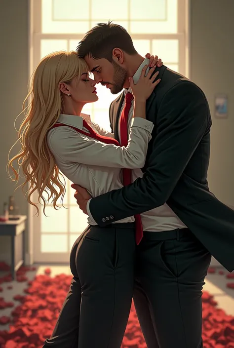 Imagine a sexy blonde female legal technician who wears a white shirt and red tie, a formal black suit, making out with her partner, a legal technician, a Latino man who wears a white shirt, a red tie, a black formal suit and a mountain of knocked down fem...