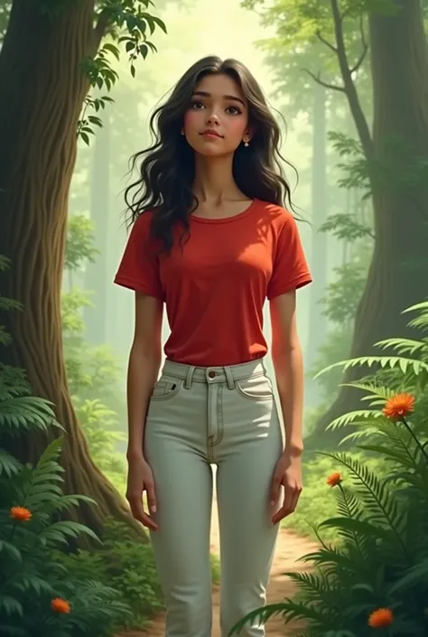 A girl in red top and white jeans in a forest with a wide back 