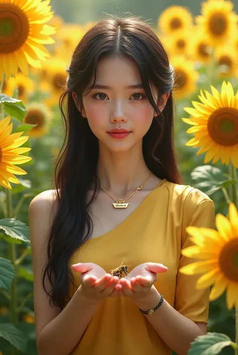 Girl wearing necklace engraved with Branas name, collarbone, brown eyes, black hair, wearing ao dai, holding a bee and in a sunflower garden. 