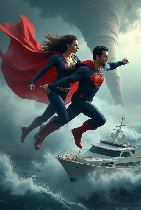 "A dynamic and action-packed scene of two superheroes flying through a turbulent stormy sky. The male hero, inspired by Superman, wears a tight, superman costume. His confident expression and extended arm suggest a sense of leadership and determination. Cl...