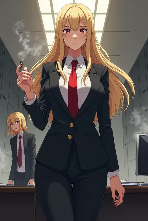 Imagine a sexy blonde female legal technician who wears a white shirt and red tie, a formal black suit, smoking and treating another low-ranking female secretary harshly in the anime-style office.!!!