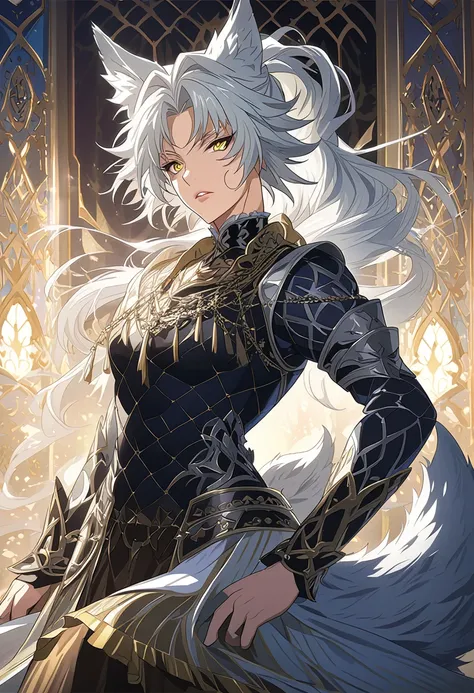 beautiful anime male in knight armor, wolf ears, wolf tail, half wolf and half human, yellow eye color, white hair in a ponytail, light novel art, detailed anime art, 4k, anime, sultry expression, warrior, cool, pretty, warrior prince, elegant, regal, roya...