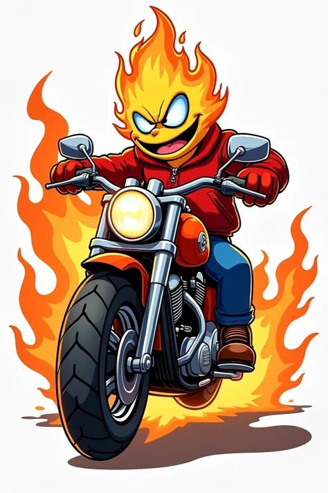 Draw Chilly Willy riding a motorcycle with flames