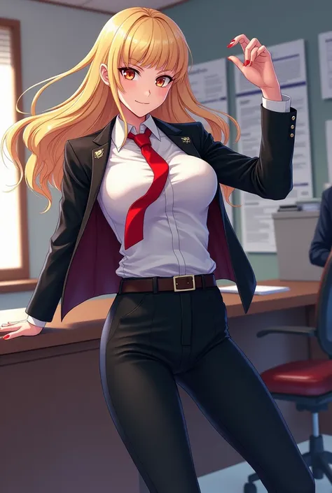 Imagine a sexy blonde female legal technician who wears a white shirt and a red tie, a formal black outfit doing a pile-driver for another low-ranking female secretary in the anime-style office.!!