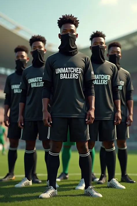 Generate images of masked football team for black boys of same height wearing black jerseys . They are aged between 17- 23 years. Make goalkeeper to wear green jersey. The sponsor ot the shirt is named UNMATCHED BALLERS. be creative 