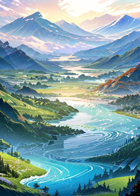 anime,fighter girl,white background,full body,Fantasy landscape with distant mountains, rivers, and a surreal sky