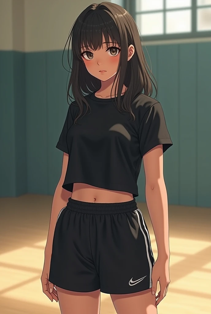 Girl wearing a black top and black Nike gym shorts under a white raised high school skirt 