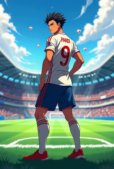 Anime A male soccer player with the back number 9 and the name pandi stands in the field