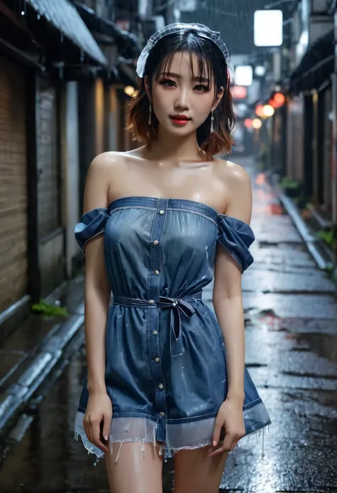 Realistic photo, cute japan  woman posing beautifully, pale skin, tall and slim, sexy. She has  sexy style with hair accessories. She poses beautifully in an alley on a very rainy day, sheltering from the rain. She wears a see-through dress, a strapless to...