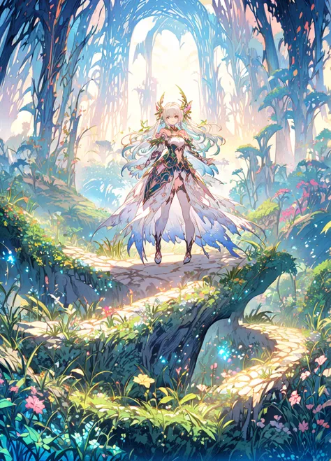 anime,fighter girl,white background,full body,Mysterious fantasy world with glowing plants and otherworldly landscapes