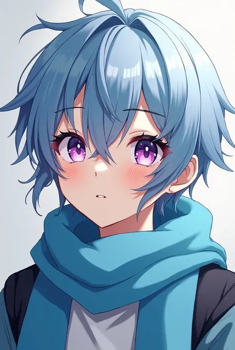 Teenage anime boy , light blue hair and black highlights, purple and pink eyes .   white skin , using hearing aids for the deaf, sky blue scarf,  and light blue and black jacket . 