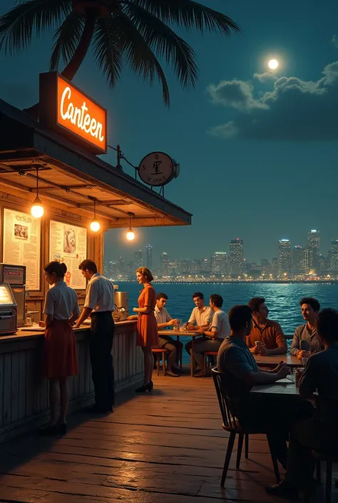 men and women talking in a canteen on the pier set in the 60s at night