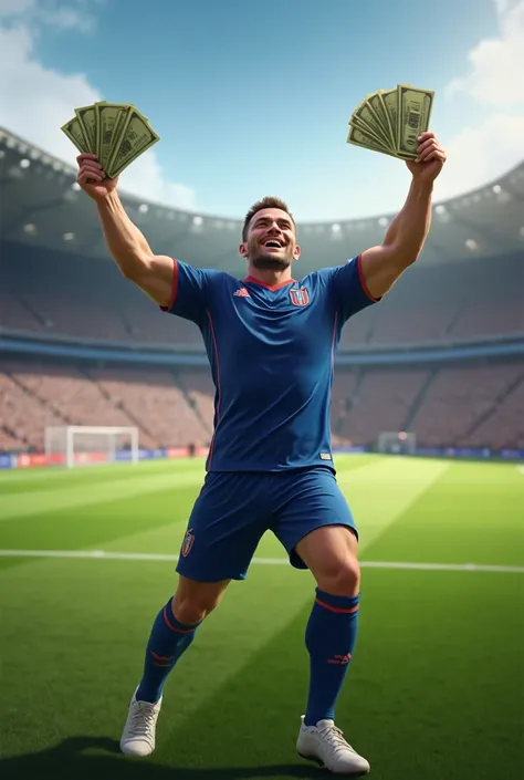 ball football player celebrating a goal with several money bills