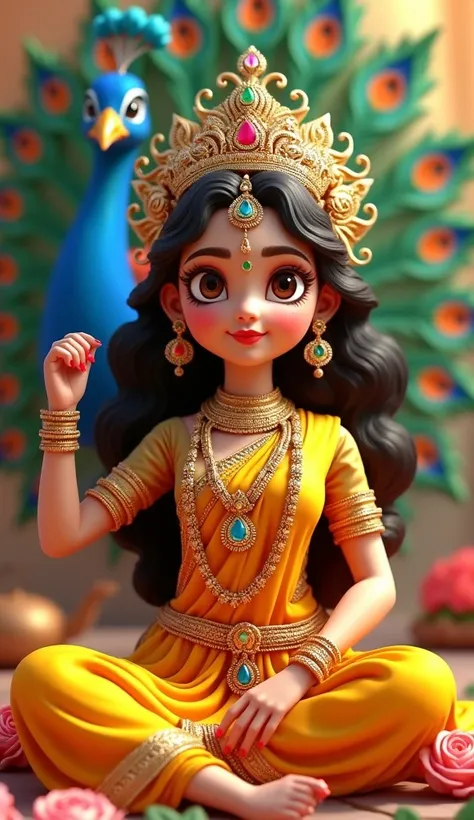 Very very attractive image of Indian goddess Shri Radha, wearing lots of jwellery and Indian traditional dress, heavy jwellery and makeup, blushing cheeks, very attractive eye-catching little radha cute, heavy decorations. Generate ultra 4 k image, 3 d car...