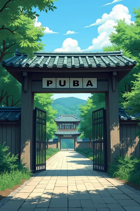 A typical Japanese school gate view with a large gate with the words (PUBA) written on it, the ground below, very realistic, the finest detail,Very natural, cinematic, best illustrations 