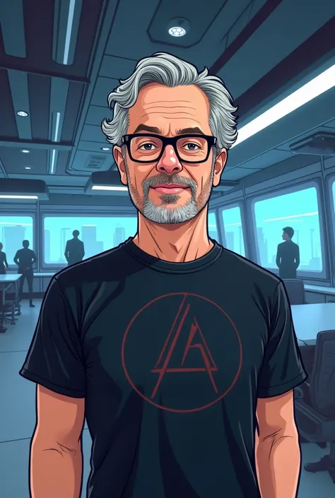 Cartoon of a man ,  approximately 45 years old ,  white skin color ,  medium long gray hair , goatee,  lenses with black frames ,  artificial intelligence educator ,  dressed in a black Linkin Park t-shirt ,  with image background in a futuristic AI-style ...