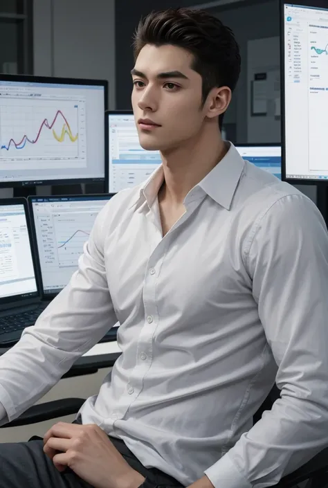 A tall, hot, handsome, muscular man work as a data analyst, with striking features and smooth white skin, sits at a desk surrounded by multiple monitors displaying complex data sets and graphs. His handsome face, with high cheekbones and a square jawline, ...