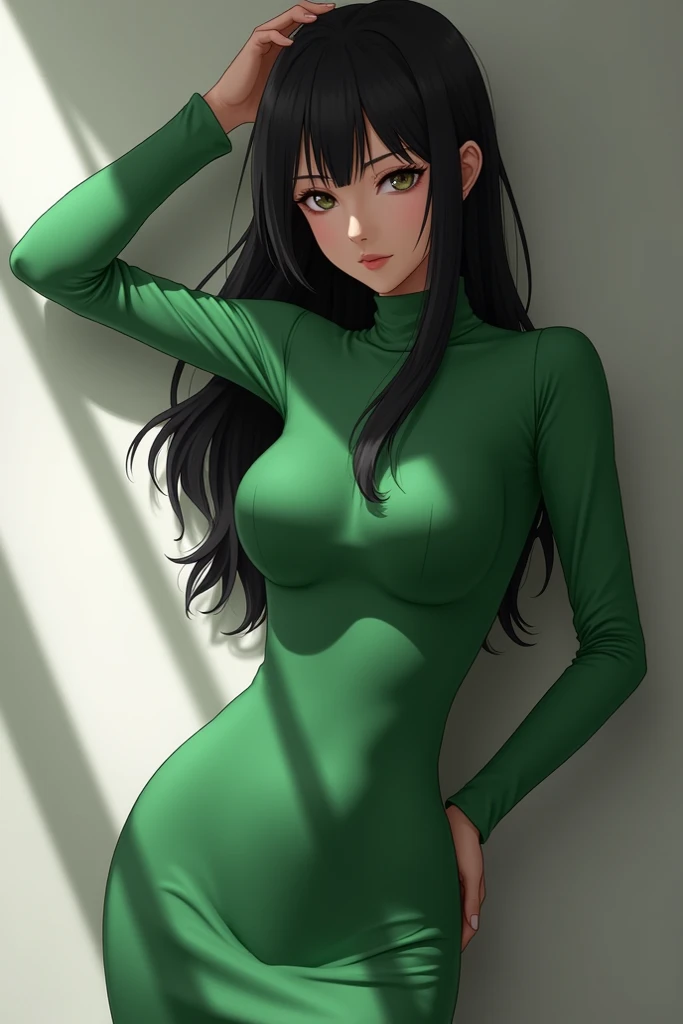 Mikoto kino in tight green dress with one hand behind her head