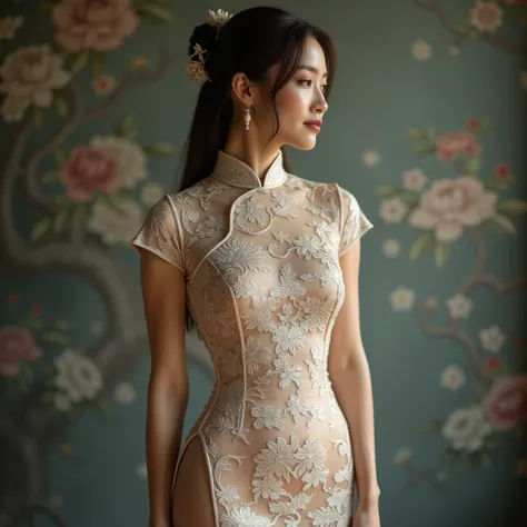 
Full body of beautiful lady wearing an intricately qipao with a delicate floral pattern, disclosing her thighs, exuding elegance and poise, a subtle, enigmatic smile playing on her lips, set against a softly blurred, muted background, with a shallow depth...