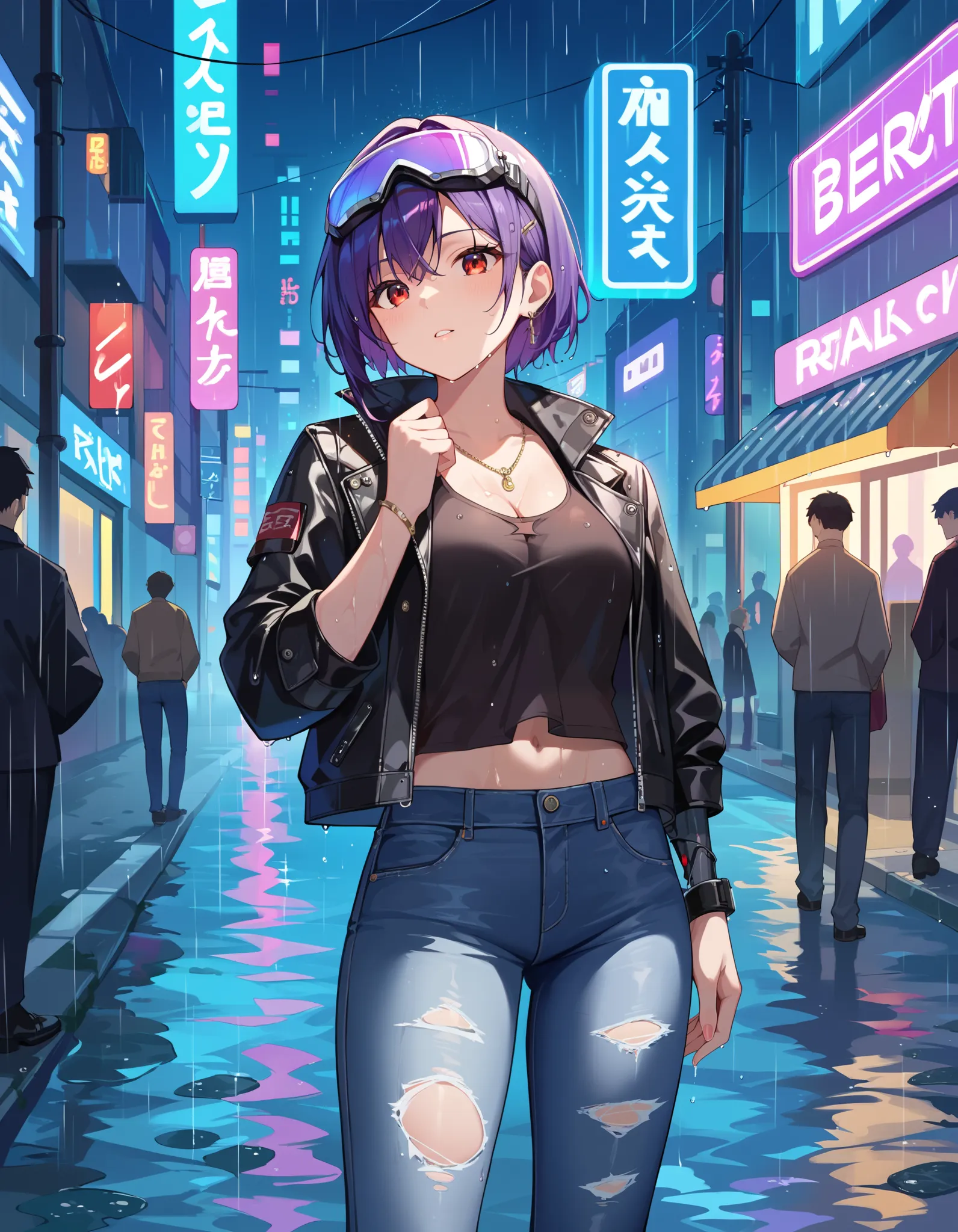 score_9, score_8_up, score_7_up, masterpiece, source_anime, BREAK, 1girl, red eyes, short purple hair, neon goggles, leather jacket, ripped jeans, cybernetic arm, standing in a rainy city street, neon lights reflecting on wet pavement