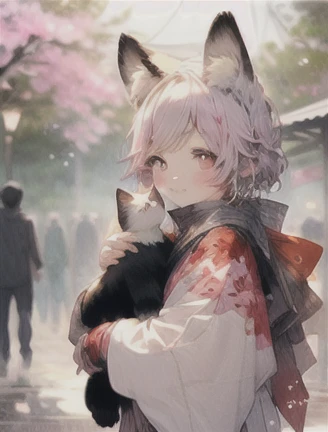 masterpiece、Illustration， best quality，8ｋ、 Very detailed，cute， mascot、Baby kitsune，Being hugged by a girl、In the cherry blossom blizzard