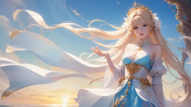 ,(( Alina ))),【8k,((masterpiece)),( Extremely Exquisite Beautiful ),  There was a girl coming out of the sea ,  Swan princess in Russian mythology ,  Beautiful calm face , blue eyes,  has a Golden long hair braided , Moon braided hair on the back of the sk...