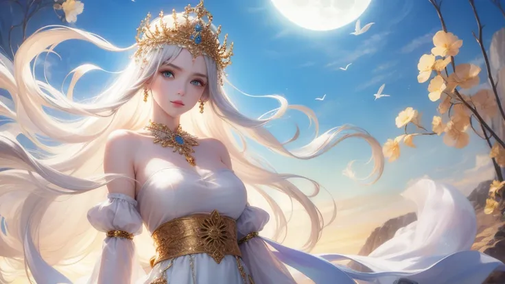 ,(( Alina ))),【8k,((masterpiece)),( Extremely Exquisite Beautiful ),  There was a girl coming out of the sea ,  Swan princess in Russian mythology ,  Beautiful calm face , blue eyes,  has a Golden long hair braided , Moon braided hair on the back of the sk...