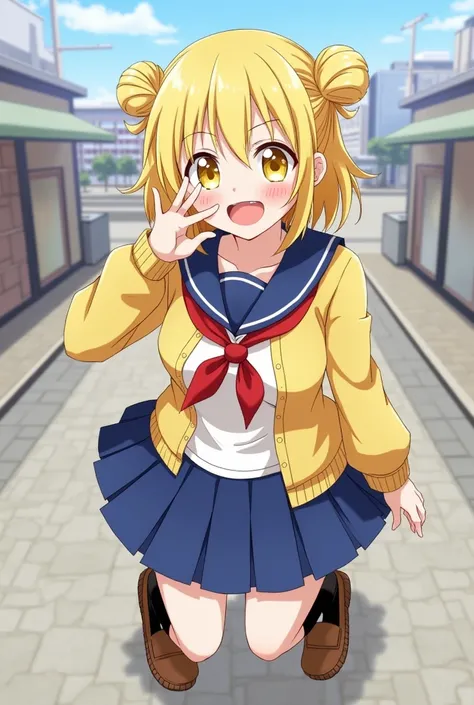 himiko toga, bangs, blonde hair, yellow eyes, straight bangs, bun, double bun, messy hair, smile, open mouth, fang, skirt, long sleeves, school uniform, up skirt, pleated skirt, shoes, serafuku, socks, breasts large, sailor collar, blue skirt, bandana, kne...