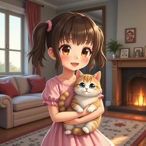  realistic drawing of a  girl smiling ,  You have a happy look ..,   beautiful detailed honey eyes , detailed face,  Abello Cataño in two pigtails ....,  wearing a pastel pink dress and a ragdoll cat with light blue eyes in her arms,  in the background a l...